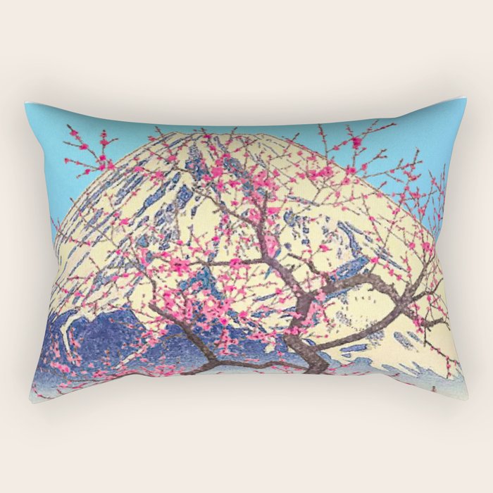 Growing before the Mountain-God - Summer Tree, Lake & Mountain Ukiyoe Nature Landscape in Blue & Pinkn Rectangular Pillow Gallery Image 1