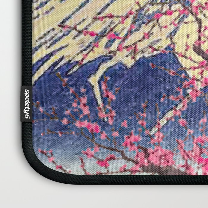 Growing before the Mountain-God - Summer Tree, Lake & Mountain Ukiyoe Nature Landscape in Blue & Pinkn Laptop Sleeve Gallery Image 3