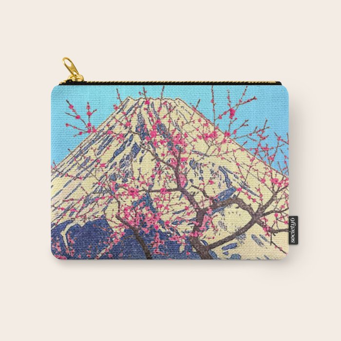 Growing before the Mountain-God - Summer Tree, Lake & Mountain Ukiyoe Nature Landscape in Blue & Pinkn Carry All Pouch Gallery Image 1