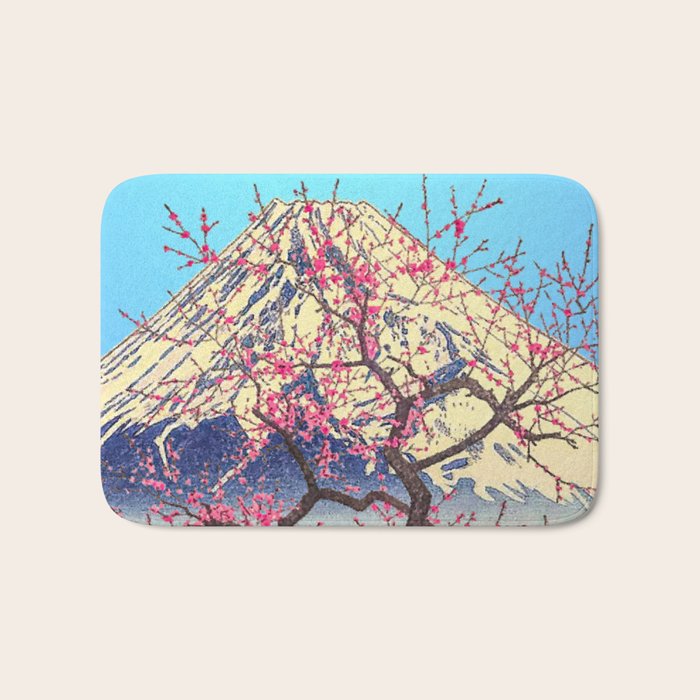 Growing before the Mountain-God - Summer Tree, Lake & Mountain Ukiyoe Nature Landscape in Blue & Pinkn Bath Mat Gallery Image 1