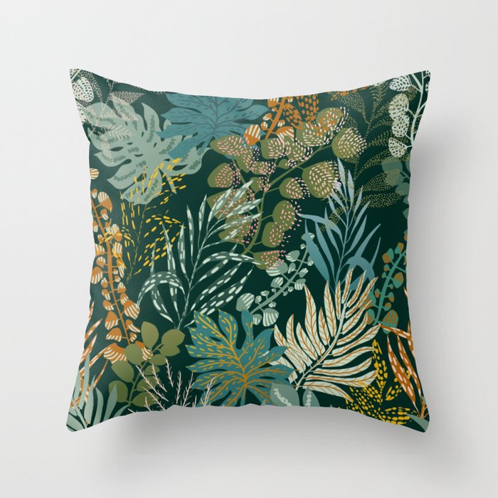 tropical night emerald leaves Throw Pillow Gallery Image 1