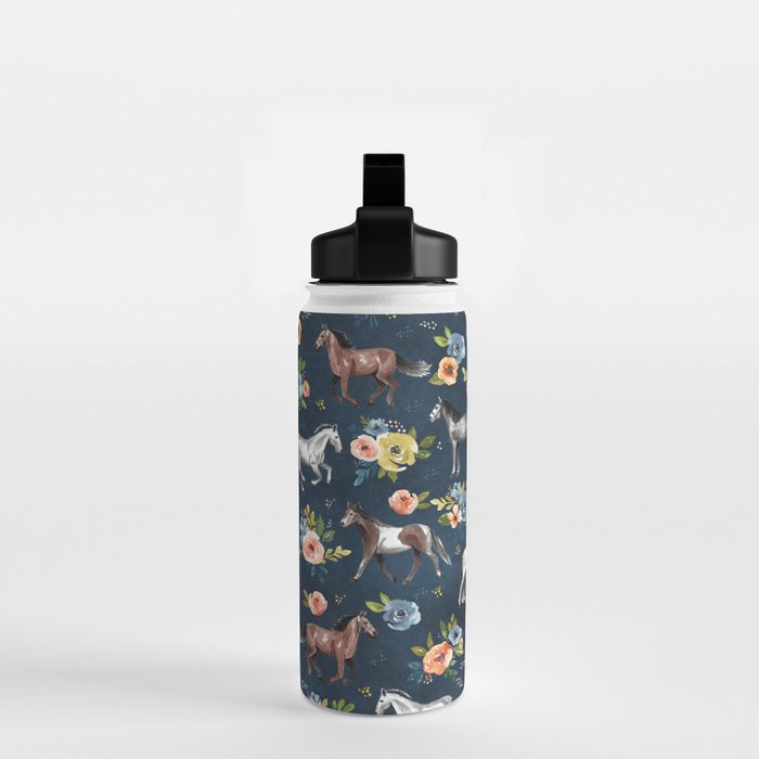 Wild Horses, Horse and Floral Print, Navy Blue, Watercolor Painting, Illustrated Horses, Flowers,  Water Bottle Gallery Image 2