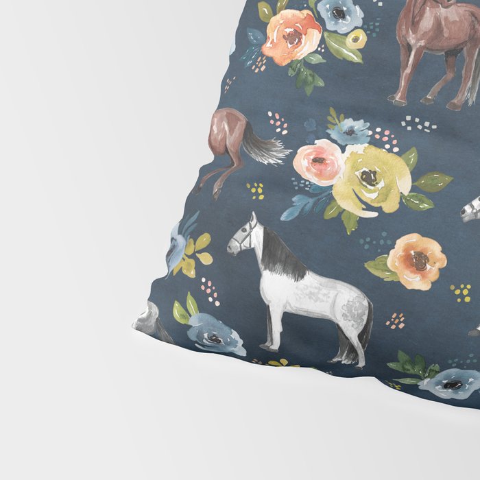 Wild Horses, Horse and Floral Print, Navy Blue, Watercolor Painting, Illustrated Horses, Flowers,  Pillow Sham Gallery Image 4