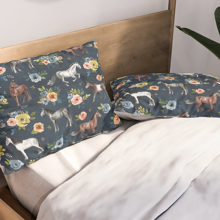 Wild Horses, Horse and Floral Print, Navy Blue, Watercolor Painting, Illustrated Horses, Flowers,  Pillow Sham Gallery Image 2