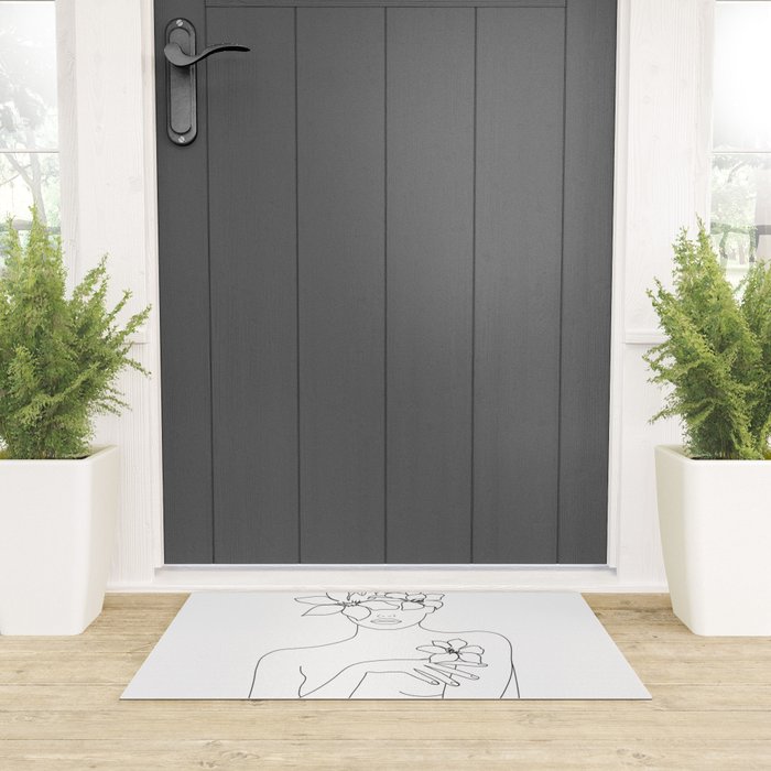 Minimal Line Art Woman with Flowers IV Welcome Mat Gallery Image 3