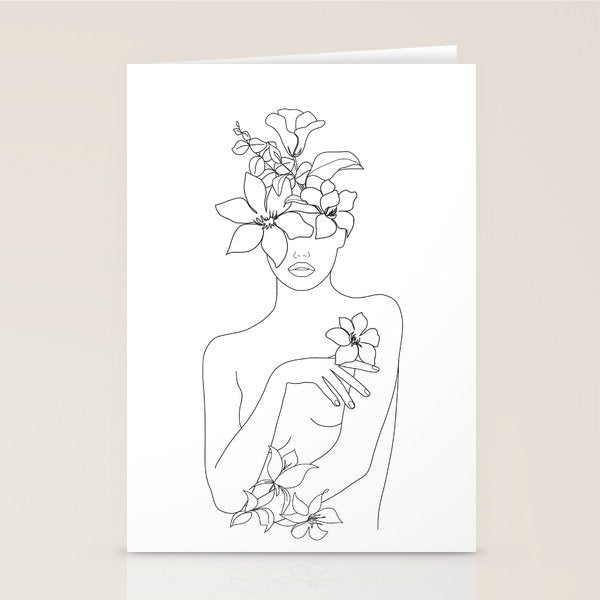 Minimal Line Art Woman with Flowers IV Stationery Card Gallery Image 2
