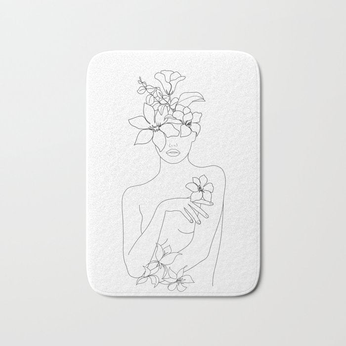 Minimal Line Art Woman with Flowers IV Bath Mat Gallery Image 1