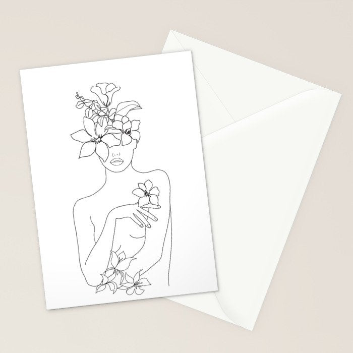 Minimal Line Art Woman with Flowers IV Stationery Card Gallery Image 2
