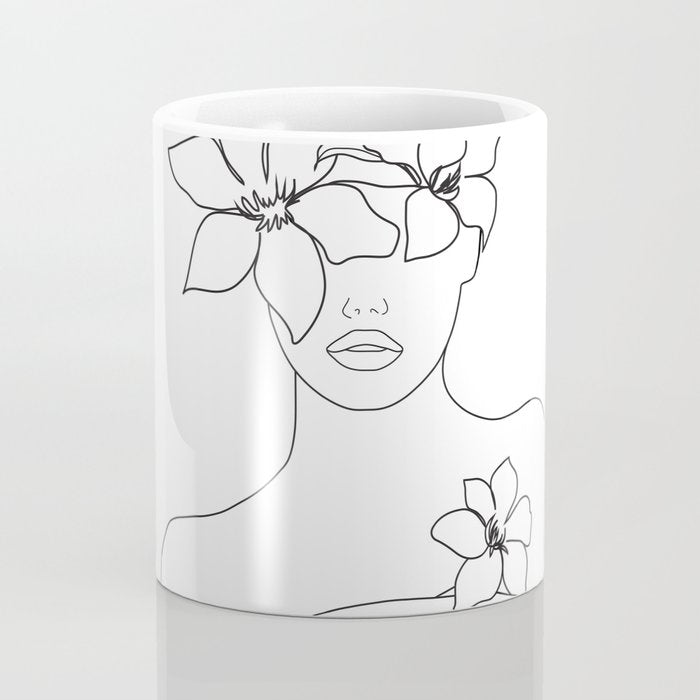 Minimal Line Art Woman with Flowers IV Coffee Mug Gallery Image 4