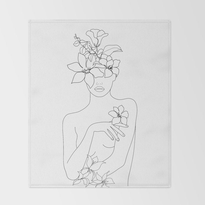Minimal Line Art Woman with Flowers IV Throw Blanket Gallery Image 2