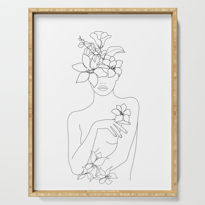 Minimal Line Art Woman with Flowers IV Serving Tray Gallery Image 1