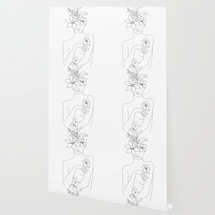 Minimal Line Art Woman with Flowers IV Wallpaper Gallery Image 2