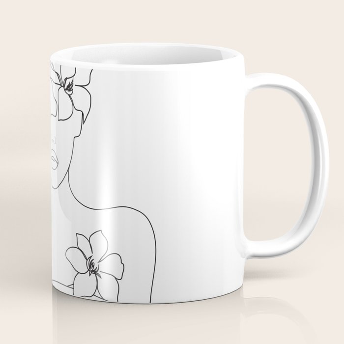 Minimal Line Art Woman with Flowers IV Coffee Mug Gallery Image 1