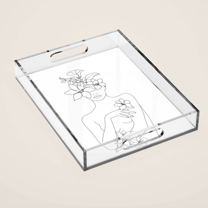 Minimal Line Art Woman with Flowers IV Acrylic Tray Gallery Image 1