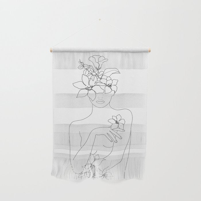 Minimal Line Art Woman with Flowers IV Wall Hanging Gallery Image 1