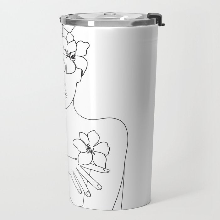 Minimal Line Art Woman with Flowers IV Travel Mug Gallery Image 2