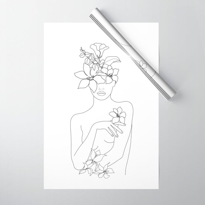 Minimal Line Art Woman with Flowers IV Wrapping Paper Gallery Image 1