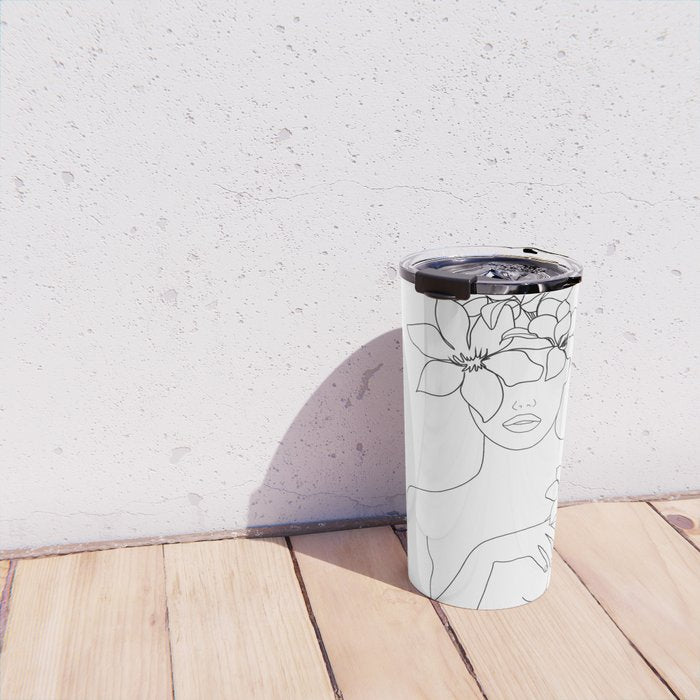 Minimal Line Art Woman with Flowers IV Travel Mug Gallery Image 4