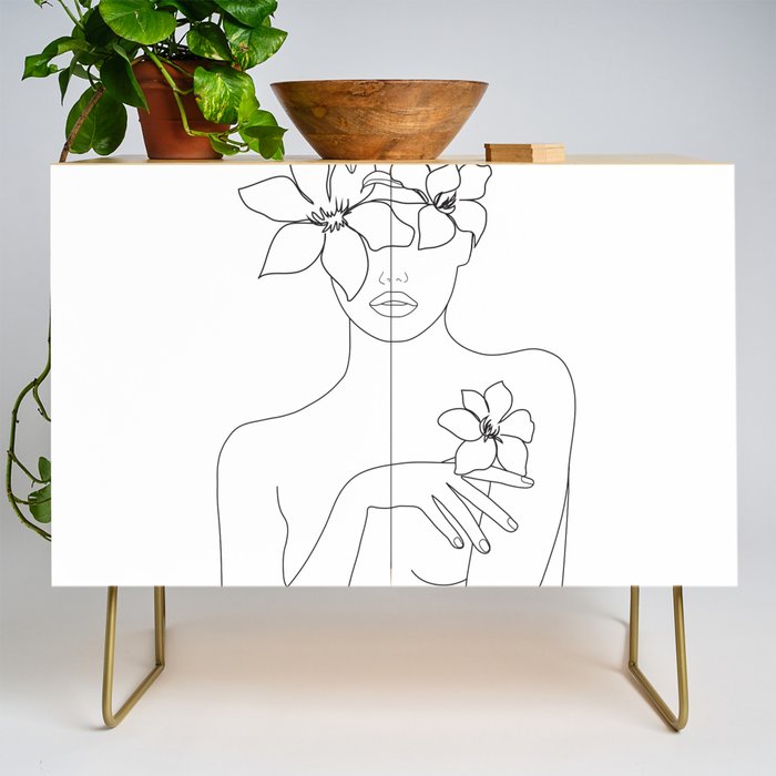 Minimal Line Art Woman with Flowers IV Credenza Gallery Image 1