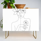 Minimal Line Art Woman with Flowers IV Credenza Gallery Image 1