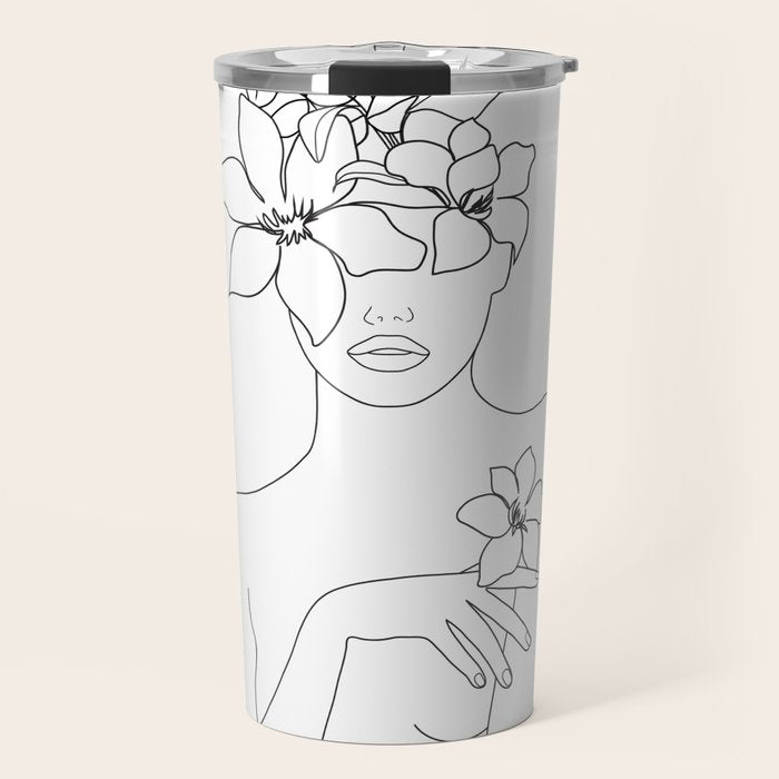 Minimal Line Art Woman with Flowers IV Travel Mug Gallery Image 1