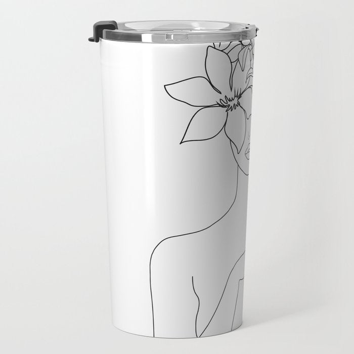 Minimal Line Art Woman with Flowers IV Travel Mug Gallery Image 3