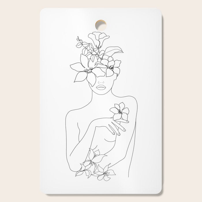 Minimal Line Art Woman with Flowers IV Cutting Board Gallery Image 1