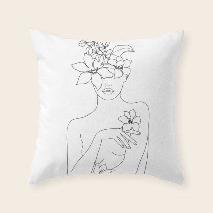 Minimal Line Art Woman with Flowers IV Throw Pillow Gallery Image 1