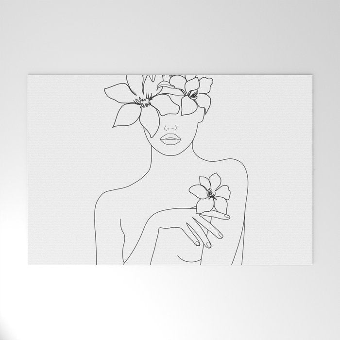 Minimal Line Art Woman with Flowers IV Welcome Mat Gallery Image 1