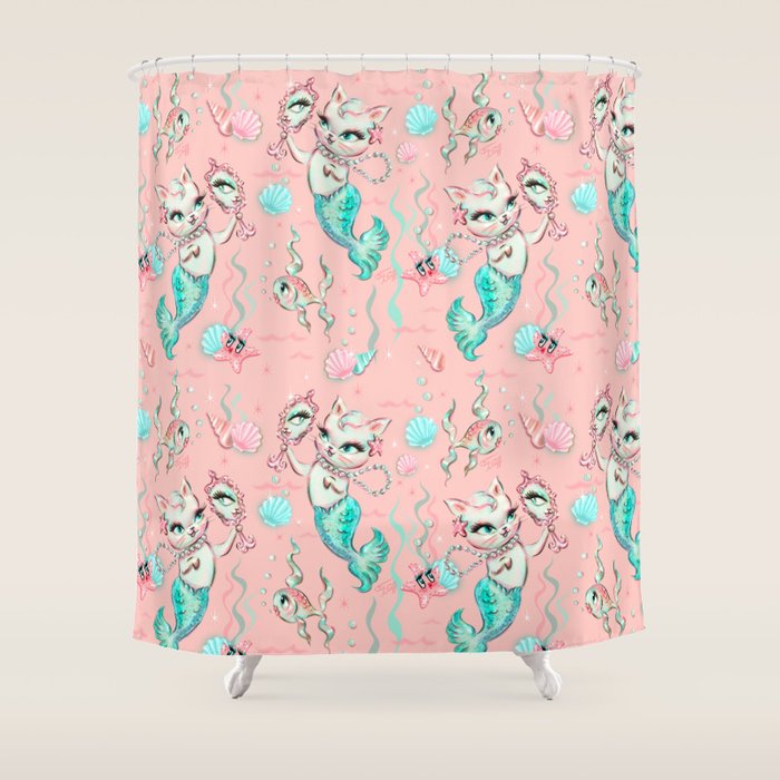 Merkittens with Pearls on blush Shower Curtain Gallery Image 1