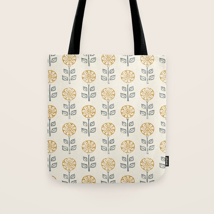 block print floral - mustard blue cream Tote Bag Gallery Image 1