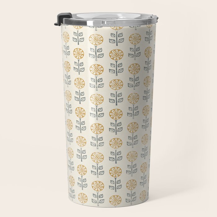 block print floral - mustard blue cream Travel Mug Gallery Image 3