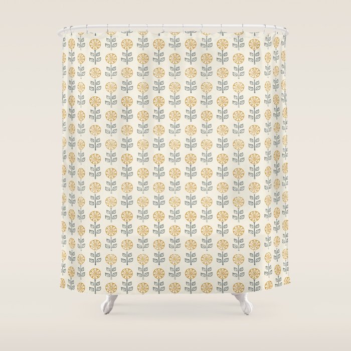 block print floral - mustard blue cream Shower Curtain Gallery Image 1