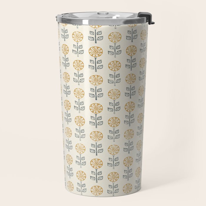 block print floral - mustard blue cream Travel Mug Gallery Image 2