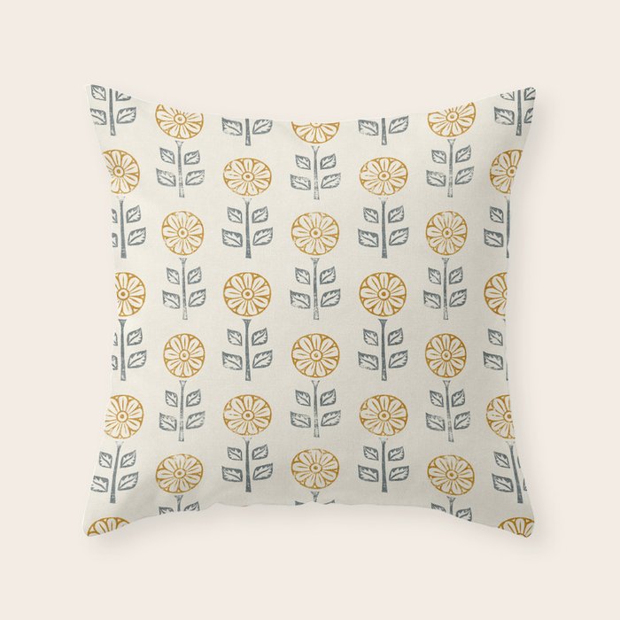 block print floral - mustard blue cream Throw Pillow Gallery Image 6