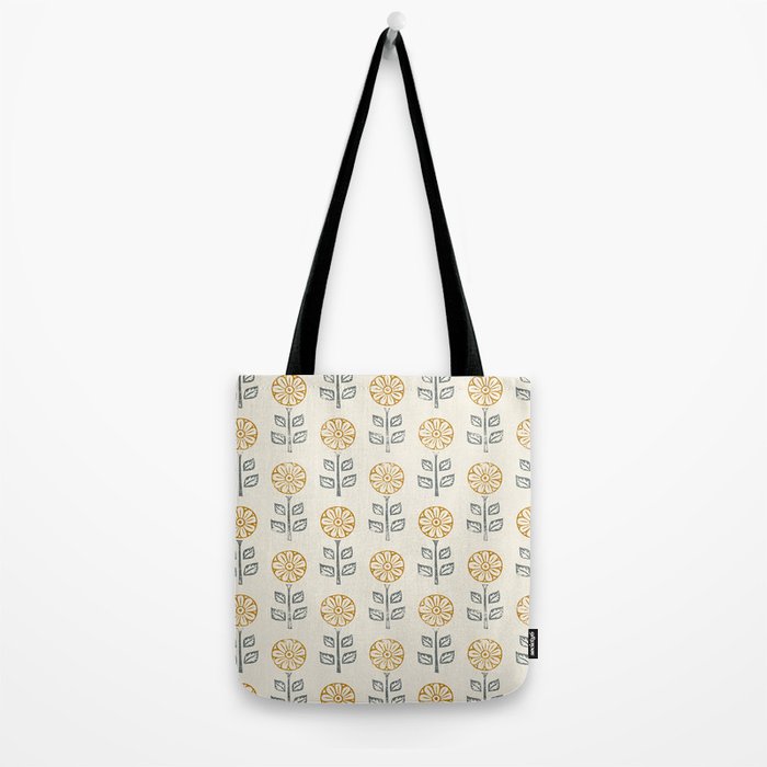 block print floral - mustard blue cream Tote Bag Gallery Image 2