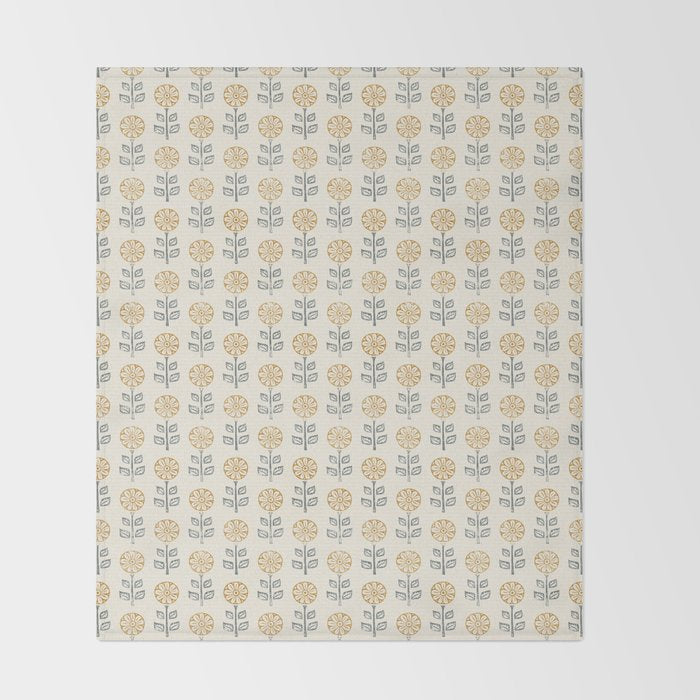 block print floral - mustard blue cream Throw Blanket Gallery Image 2