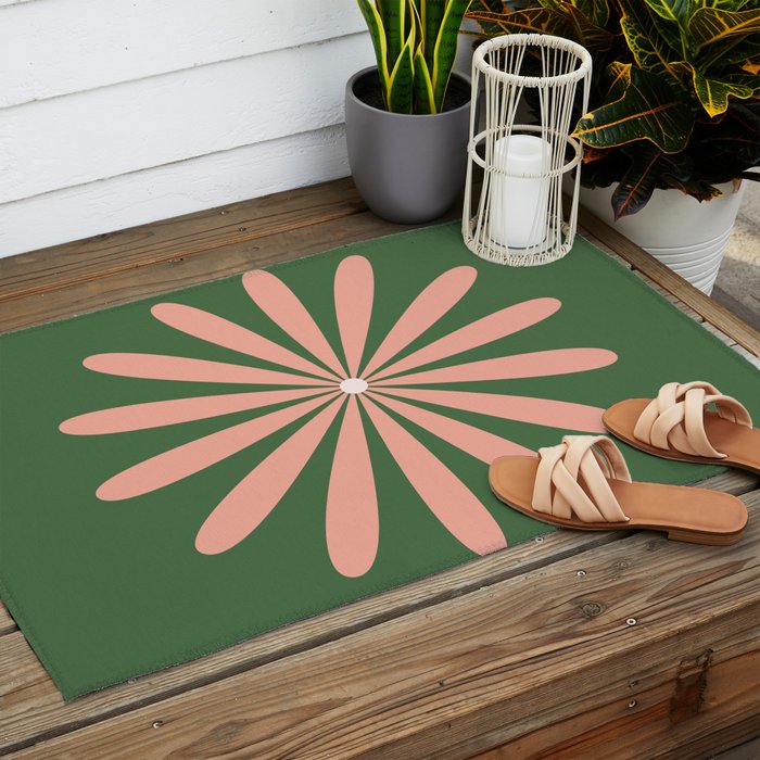 Big Daisy Retro Minimalism in Blush and Green Outdoor Rug Gallery Image 2