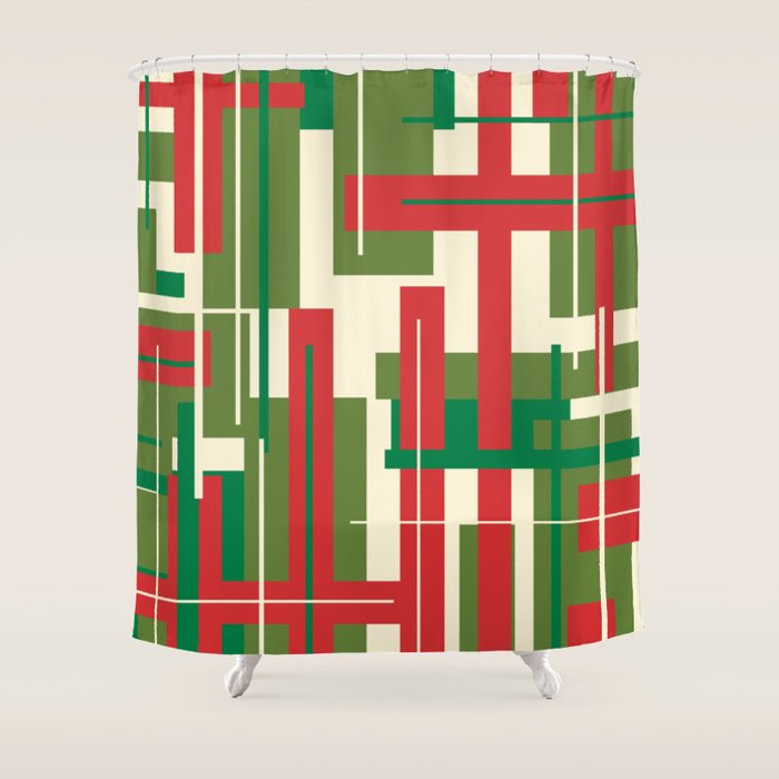 Mid Century Modern Deconstructed Christmas Plaid Pattern in Retro Red, Olive Green, and Xmas Cream Shower Curtain Gallery Image 1