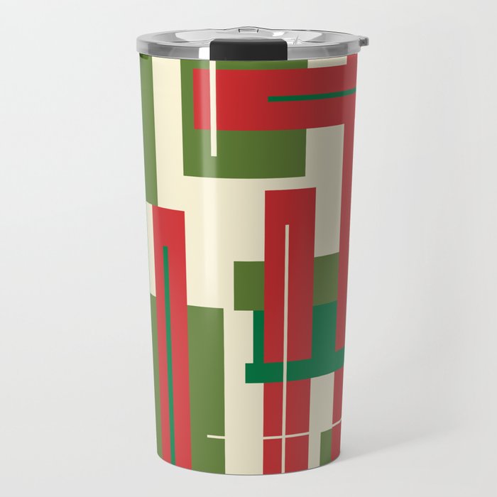 Mid Century Modern Deconstructed Christmas Plaid Pattern in Retro Red, Olive Green, and Xmas Cream Travel Mug Gallery Image 1