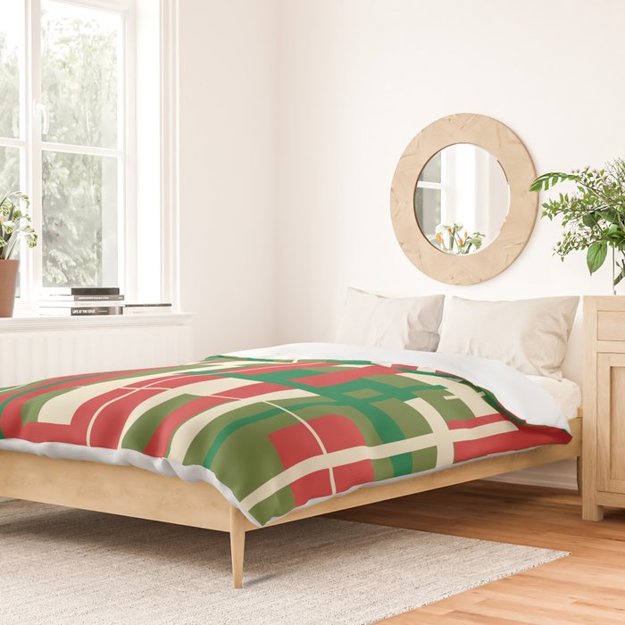 Mid Century Modern Deconstructed Christmas Plaid Pattern in Retro Red, Olive Green, and Xmas Cream Duvet Cover Gallery Image 2