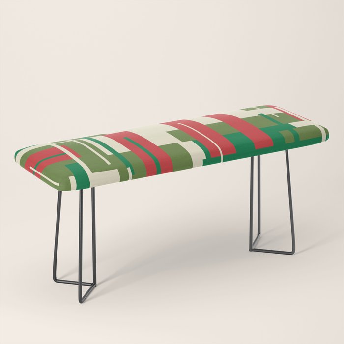 Mid Century Modern Deconstructed Christmas Plaid Pattern in Retro Red, Olive Green, and Xmas Cream Bench Gallery Image 1