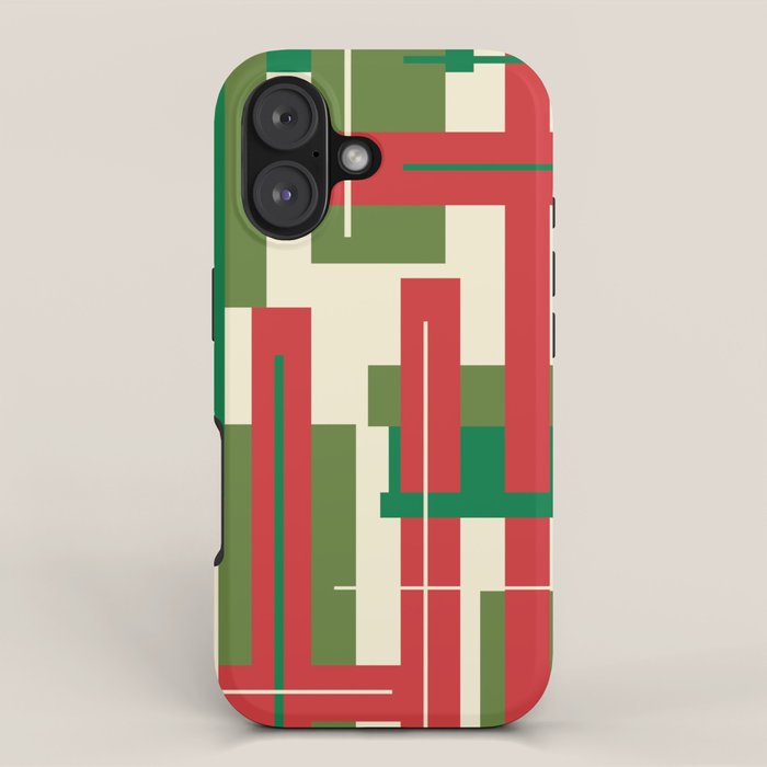 Mid Century Modern Deconstructed Christmas Plaid Pattern in Retro Red, Olive Green, and Xmas Cream iPhone Case Gallery Image 1