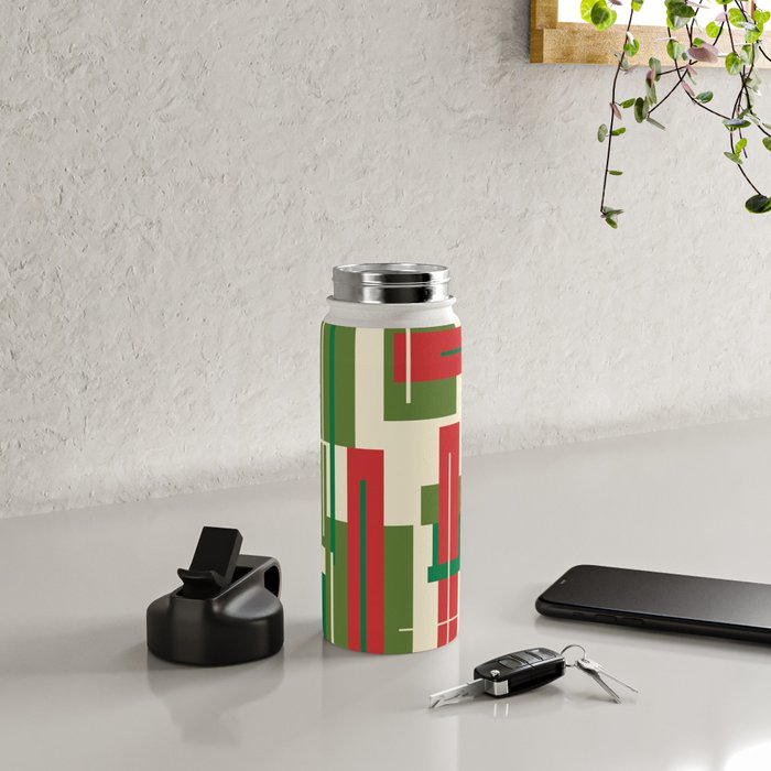 Mid Century Modern Deconstructed Christmas Plaid Pattern in Retro Red, Olive Green, and Xmas Cream Water Bottle Gallery Image 4