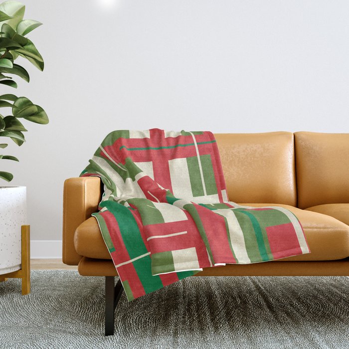 Mid Century Modern Deconstructed Christmas Plaid Pattern in Retro Red, Olive Green, and Xmas Cream Throw Blanket Gallery Image 1