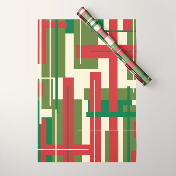 Mid Century Modern Deconstructed Christmas Plaid Pattern in Retro Red, Olive Green, and Xmas Cream Wrapping Paper Gallery Image 1