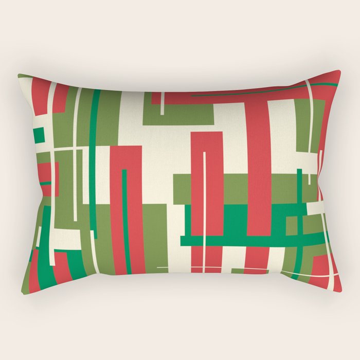 Mid Century Modern Deconstructed Christmas Plaid Pattern in Retro Red, Olive Green, and Xmas Cream Rectangular Pillow Gallery Image 1