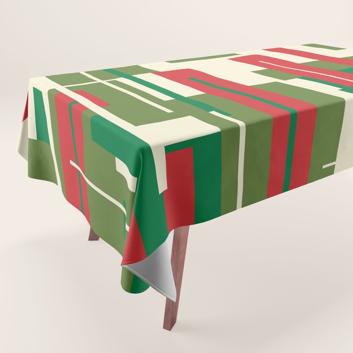 Mid Century Modern Deconstructed Christmas Plaid Pattern in Retro Red, Olive Green, and Xmas Cream Tablecloth Gallery Image 1