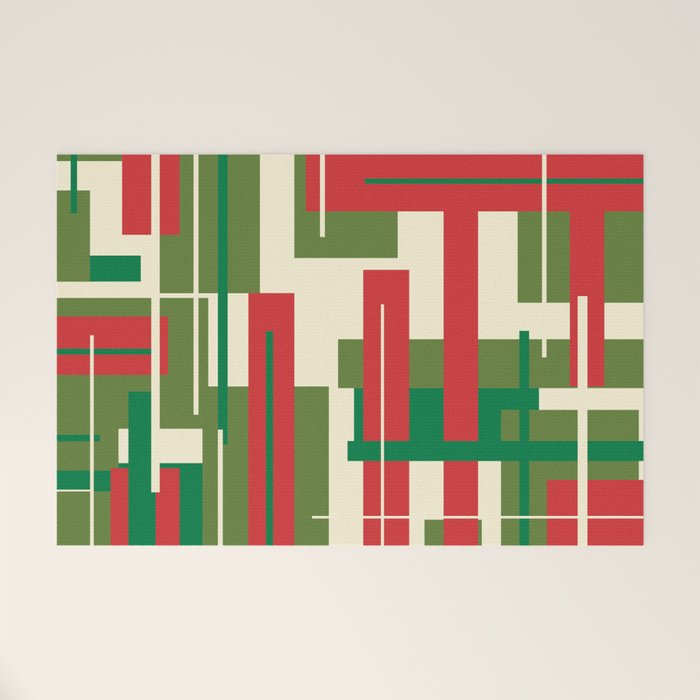 Mid Century Modern Deconstructed Christmas Plaid Pattern in Retro Red, Olive Green, and Xmas Cream Welcome Mat Gallery Image 1