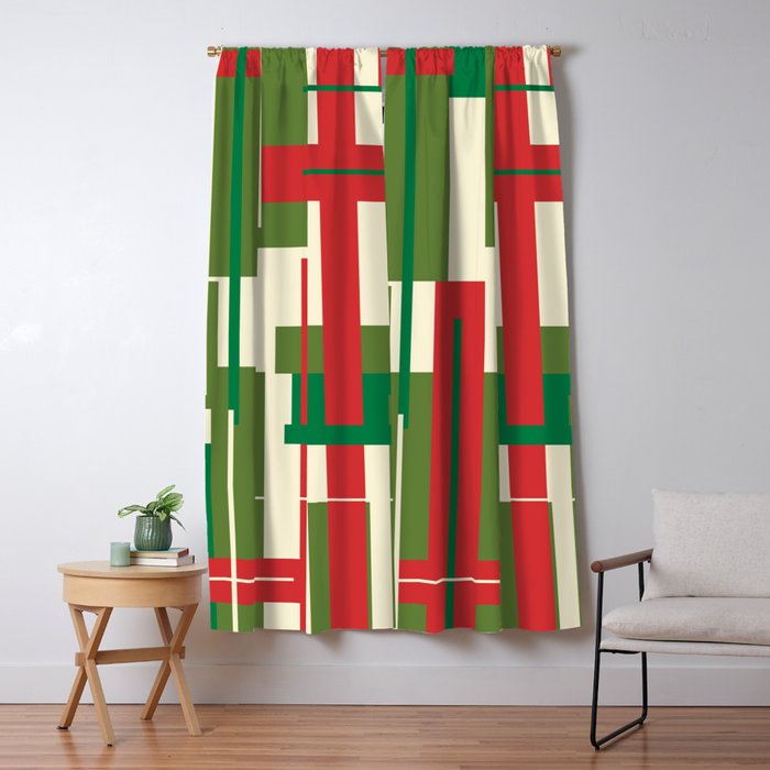 Mid Century Modern Deconstructed Christmas Plaid Pattern in Retro Red, Olive Green, and Xmas Cream Window Curtain Gallery Image 5